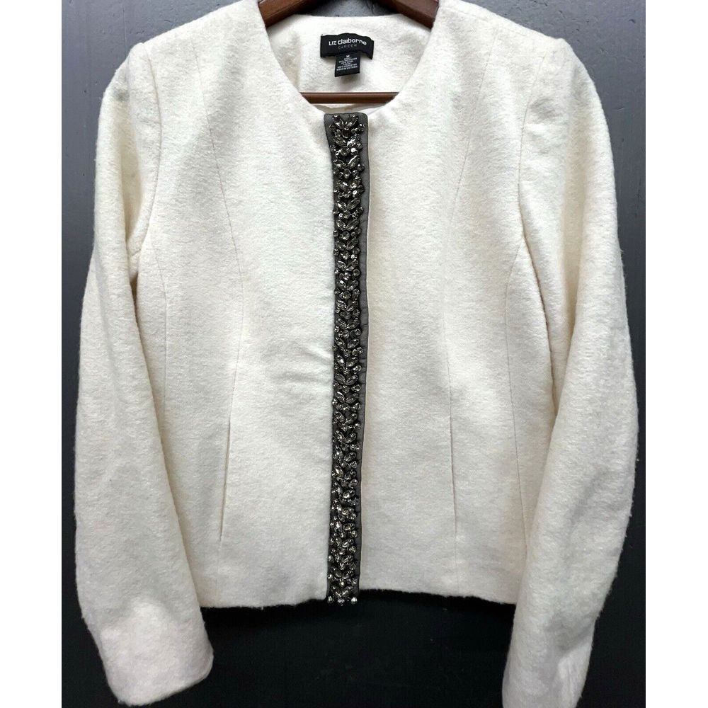 Liz Claiborne Career Blazer M Ivory Wool Blend Rhinestone Lined Pockets Jacket